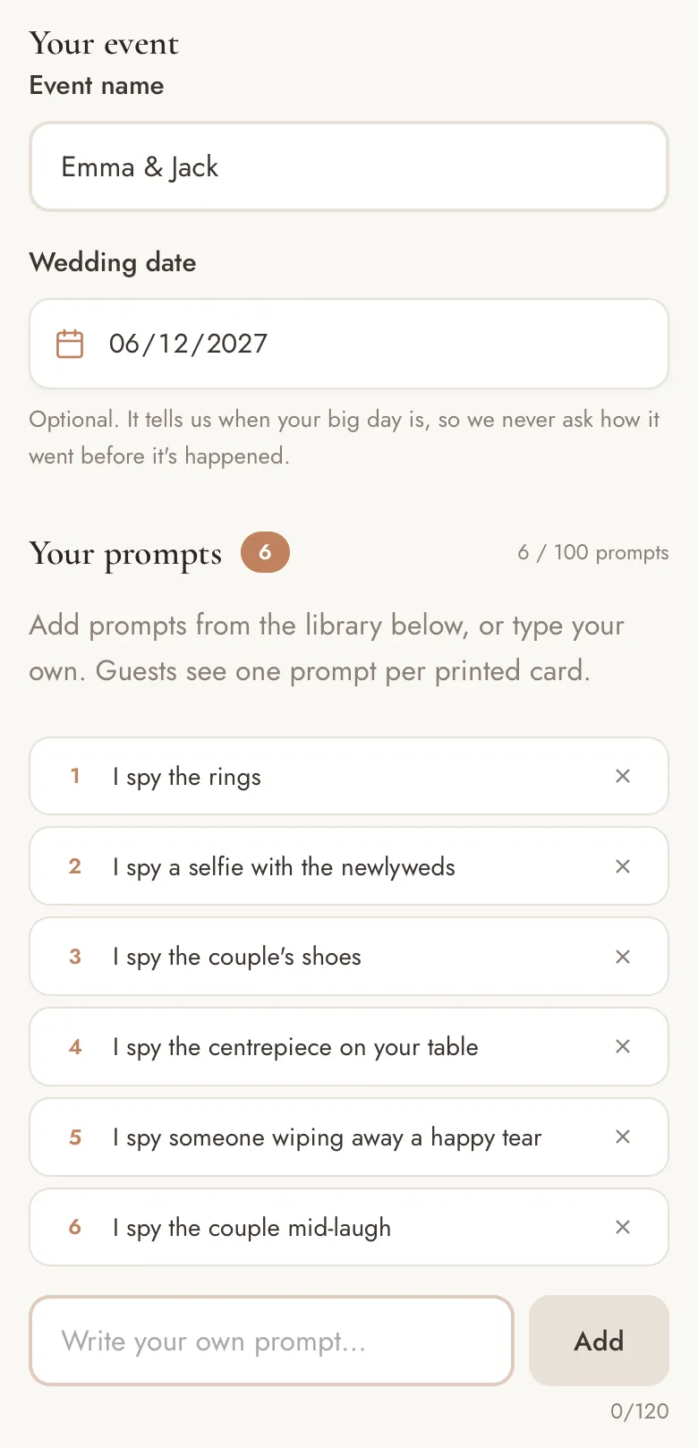 The create form with the event name Emma & Jack and six prompts, each starting with I spy
