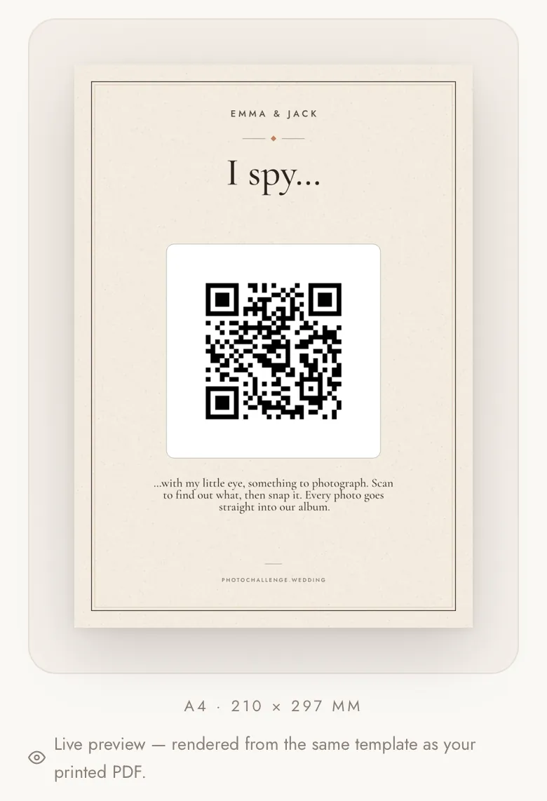 Poster designer preview of an A4 sign titled I spy… with the couple's names, a QR code and the instruction underneath