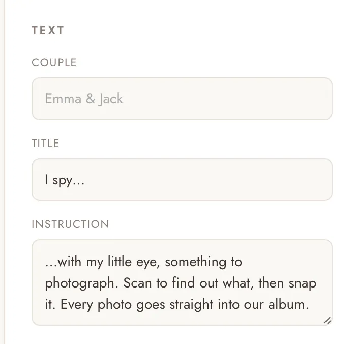 The Text section of the poster designer, with the title I spy… and the instruction filled in