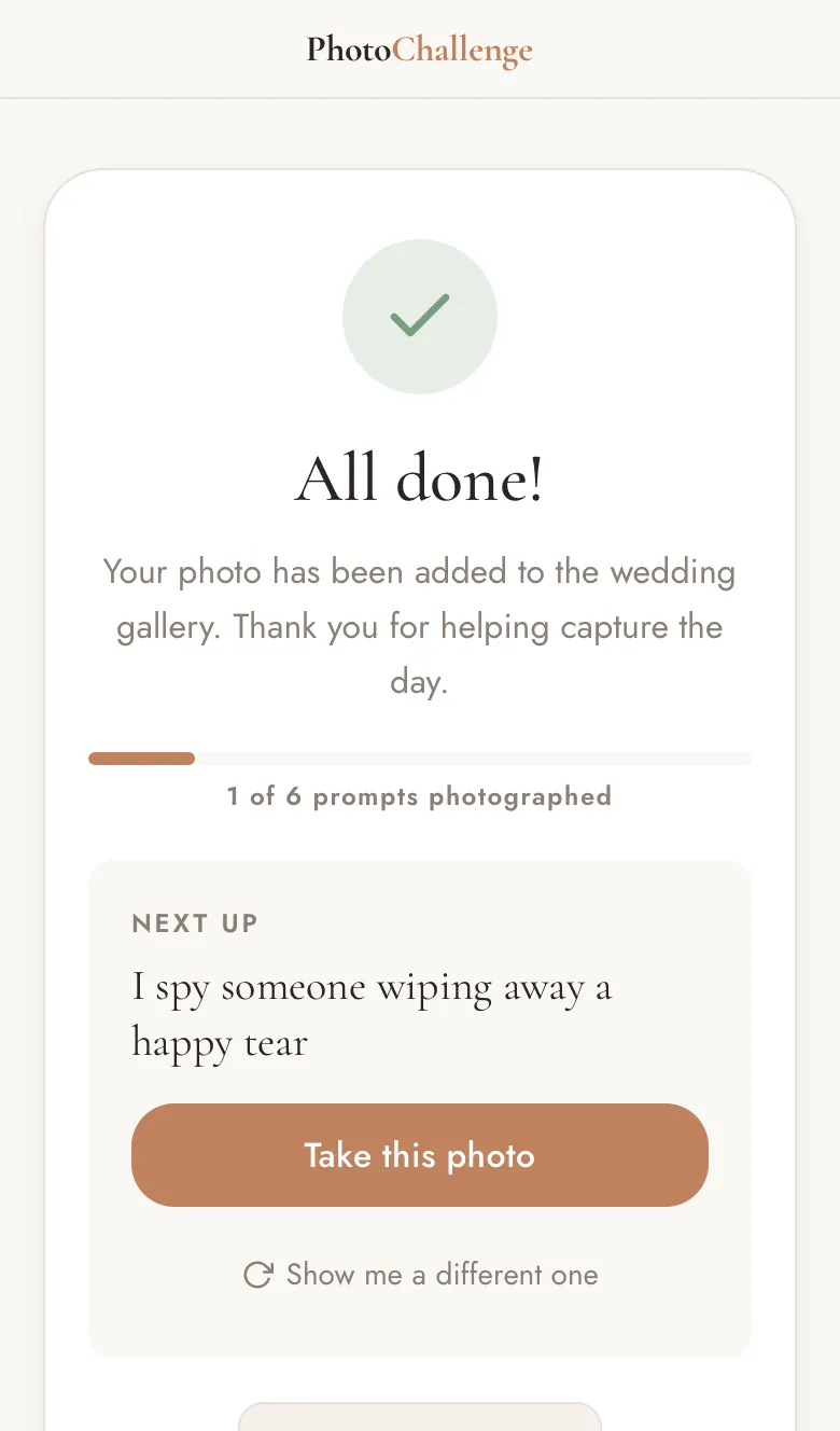 Confirmation screen saying All done!, with the next item to spot and a Take this photo button