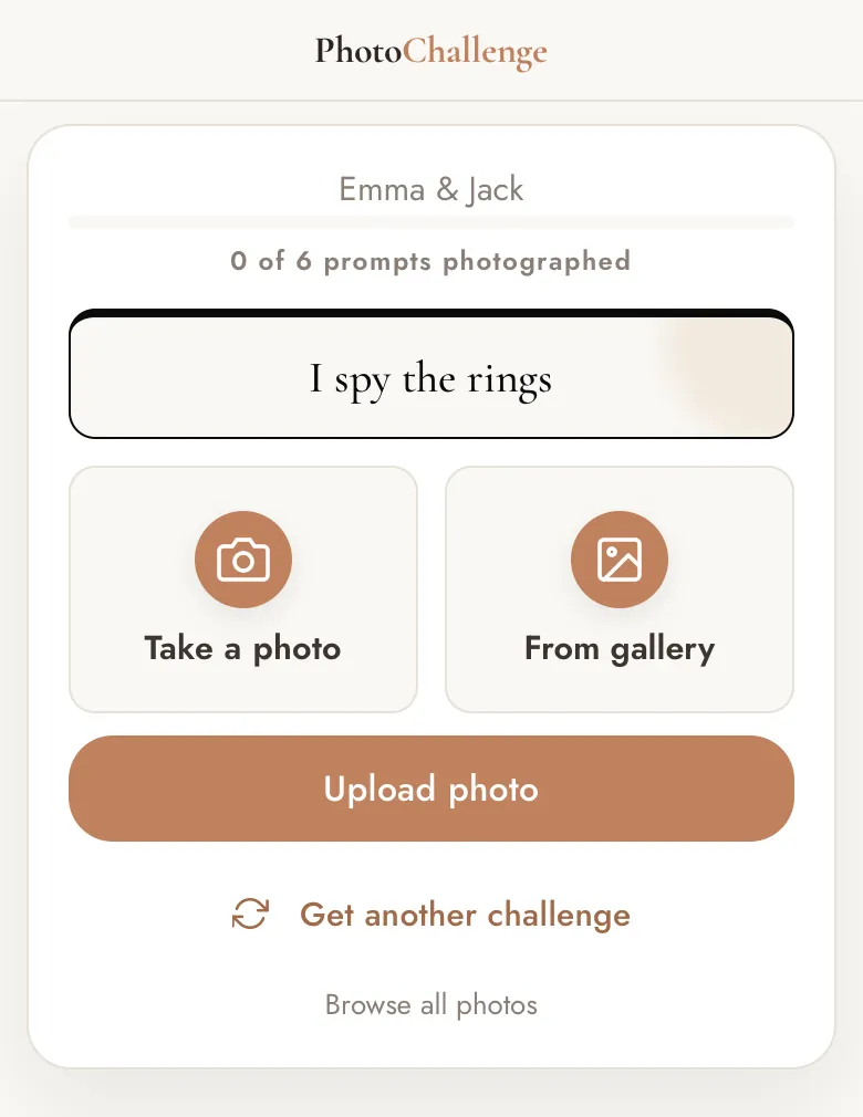 A guest's phone after scanning the sign: the item I spy the rings, with Take a photo, From gallery and Upload photo buttons