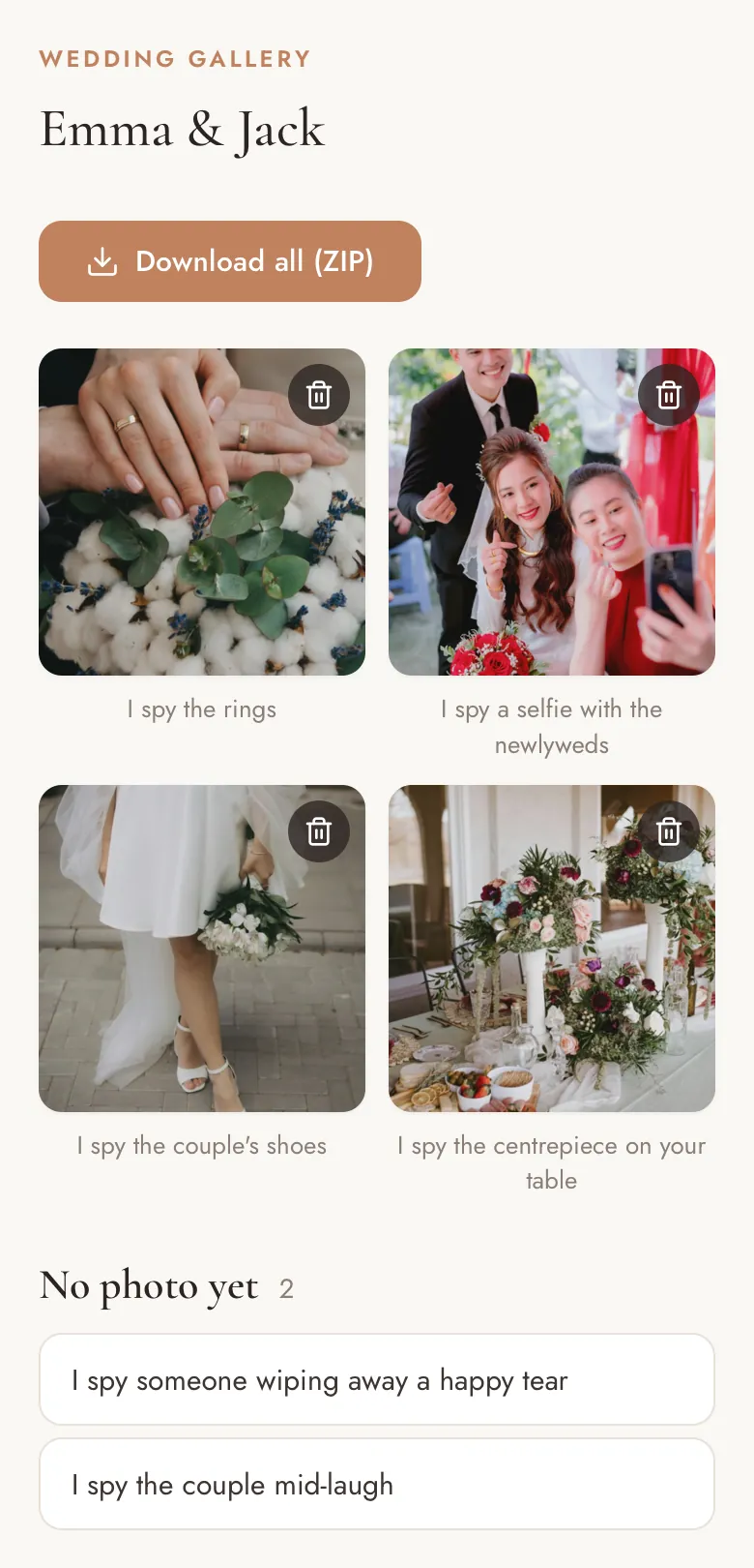 The couple's gallery with a Download all (ZIP) button and four guest photos labelled with their I spy items