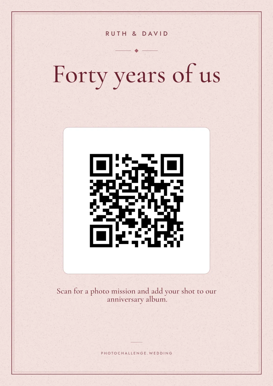 An anniversary party sign in burgundy blush with the names Ruth & David, the title Forty years of us, and a QR code