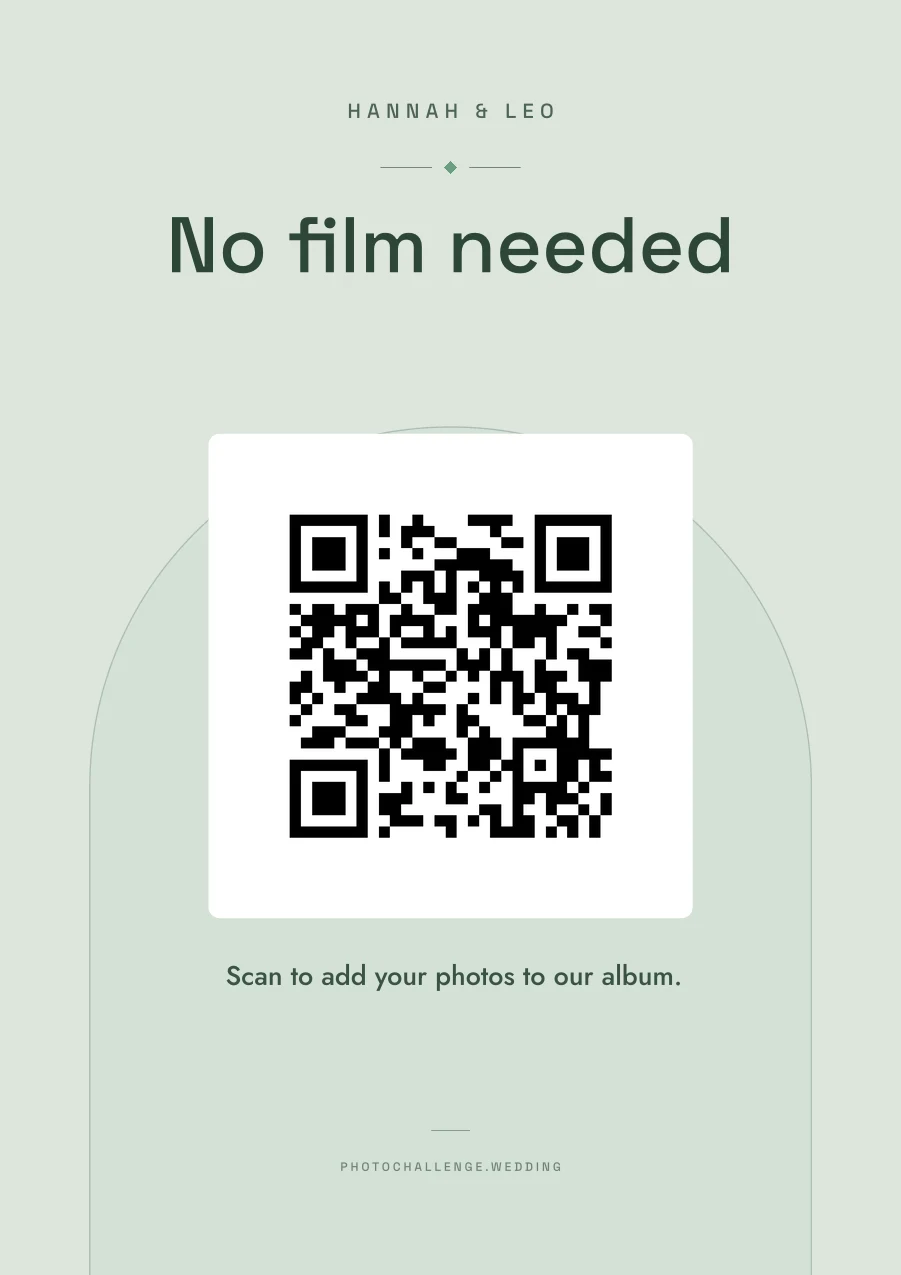 A sign in deep eucalyptus green reading: no film needed, scan to add your photos to our album