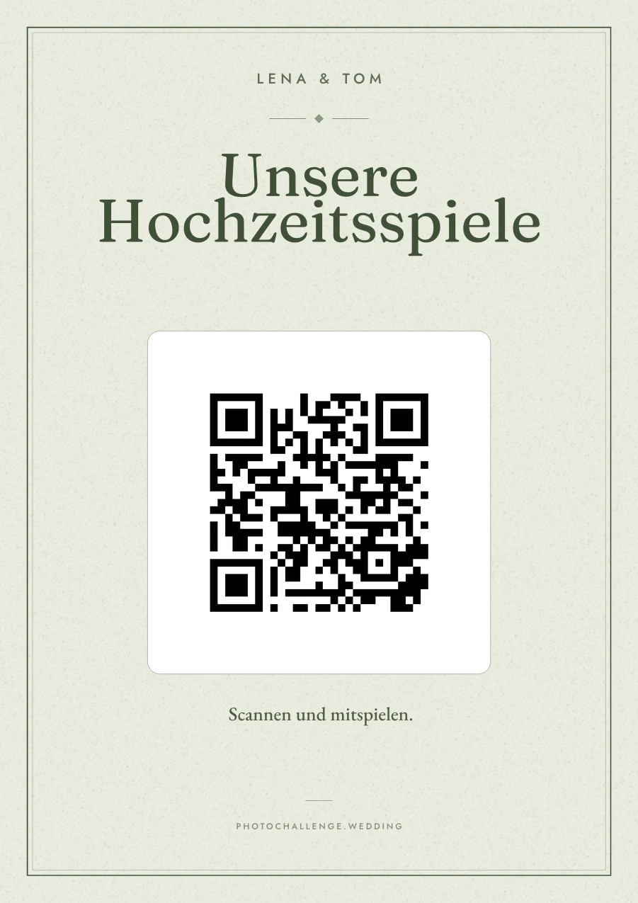 Ein Schild für Hochzeitsspiele in Salbeigrün mit dem Titel Unsere Hochzeitsspiele und einem QR-Code