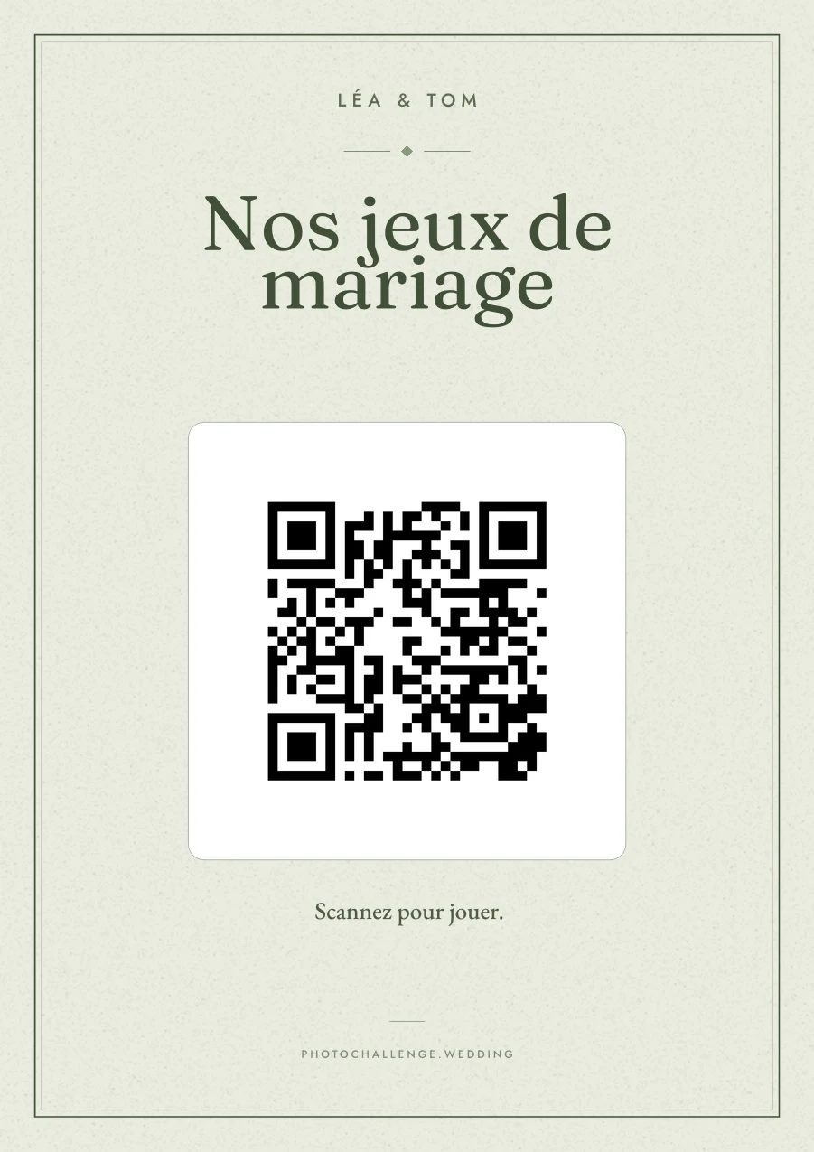 Une affiche de jeux de mariage vert sauge et crème, avec le titre Nos jeux de mariage et un QR code