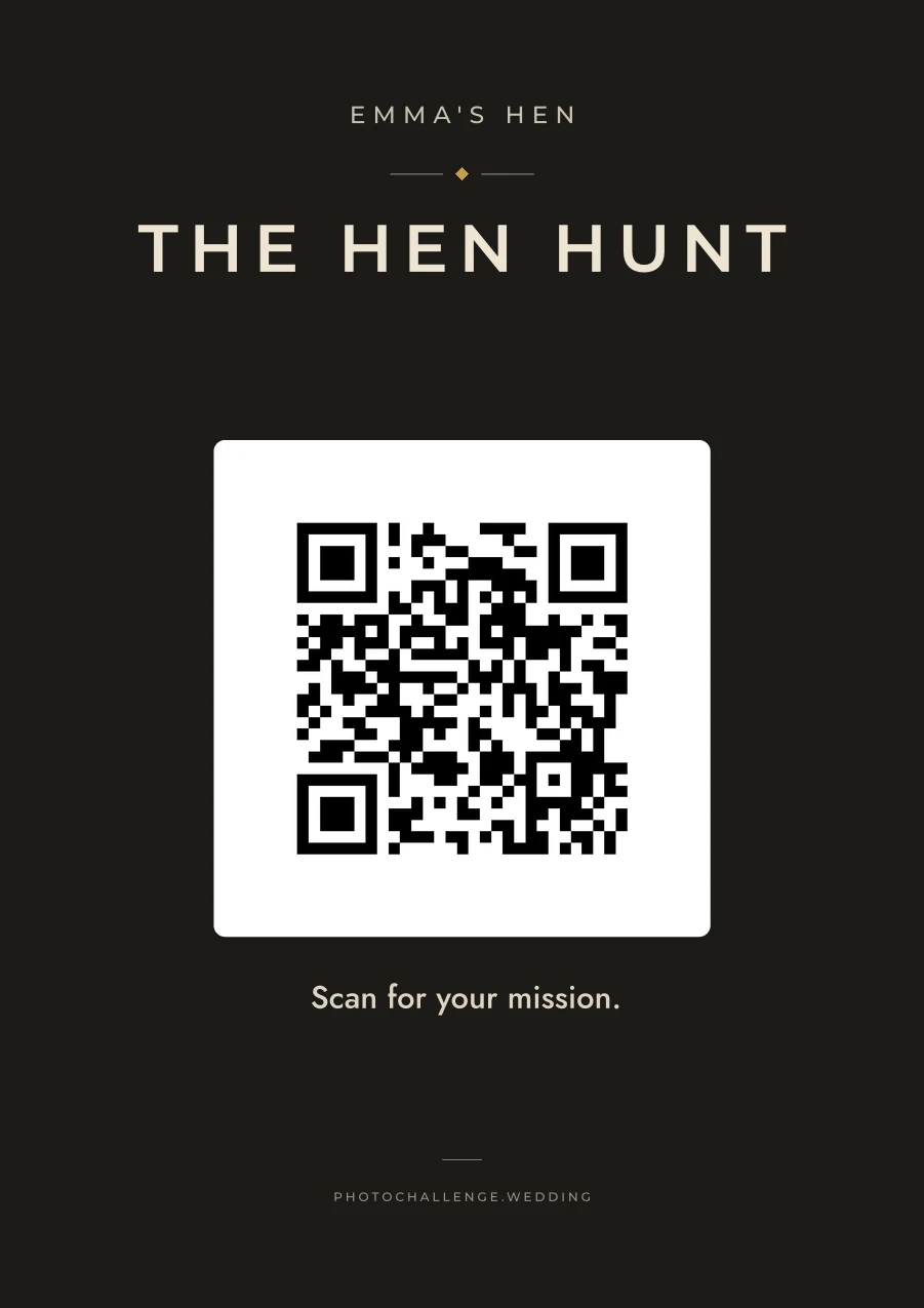 A hen party sign in noir and gold reading: the hen hunt, scan for your mission