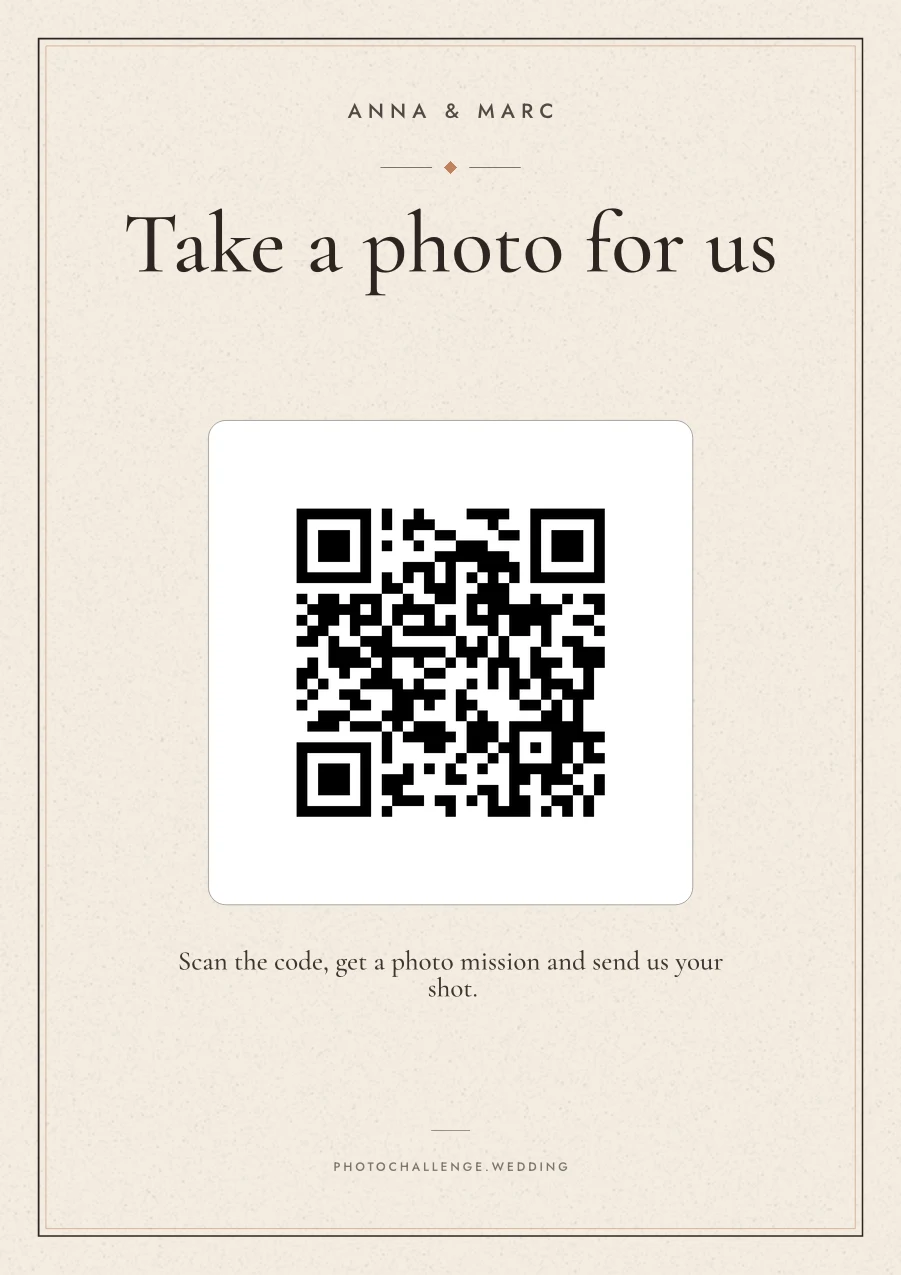 A printed photo challenge sign in a warm sand colour with the couple's names, a QR code and a one-line instruction