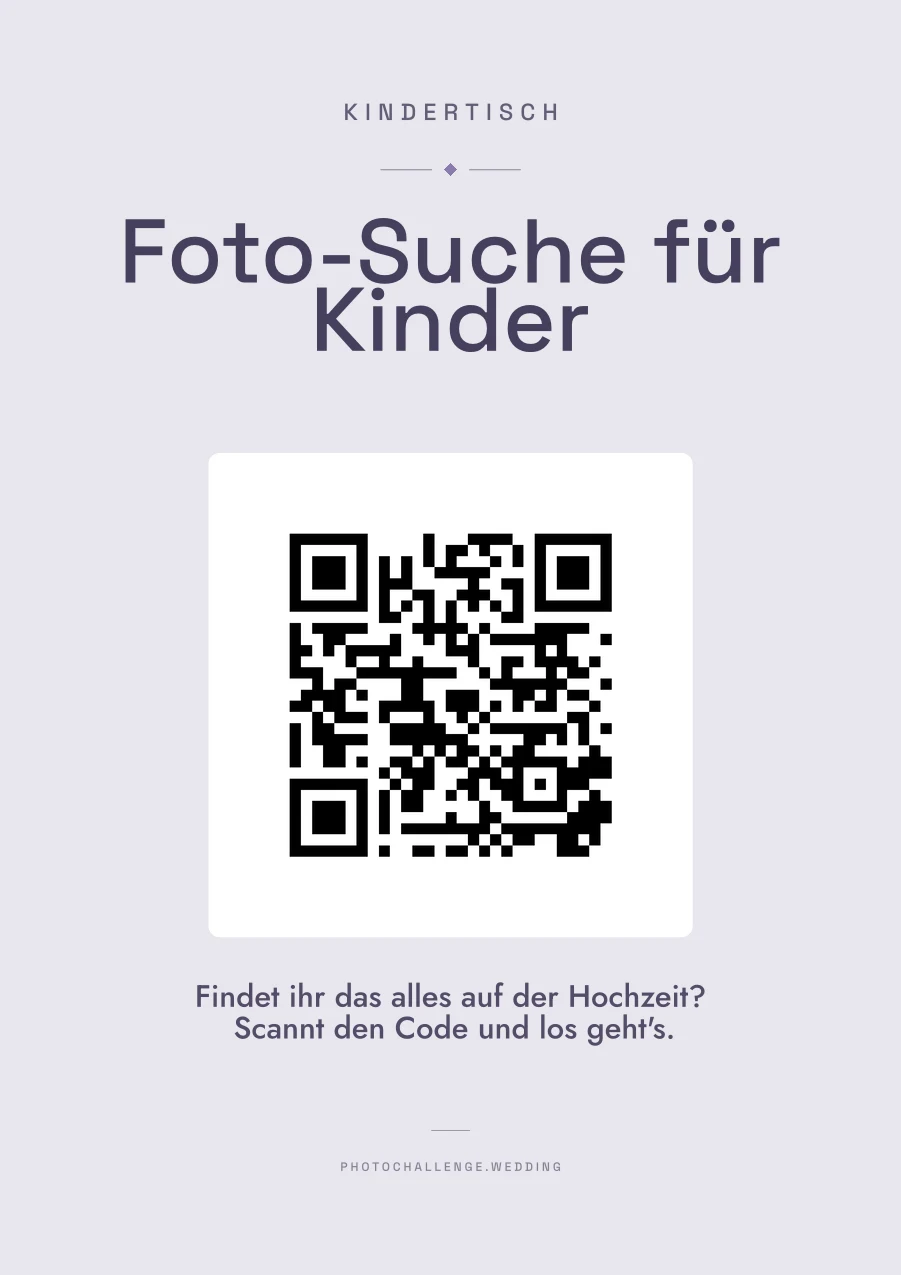 Ein lilafarbenes Schild für den Kindertisch mit dem Titel Foto-Suche für Kinder und der Frage: Findet ihr das alles auf der Hochzeit?