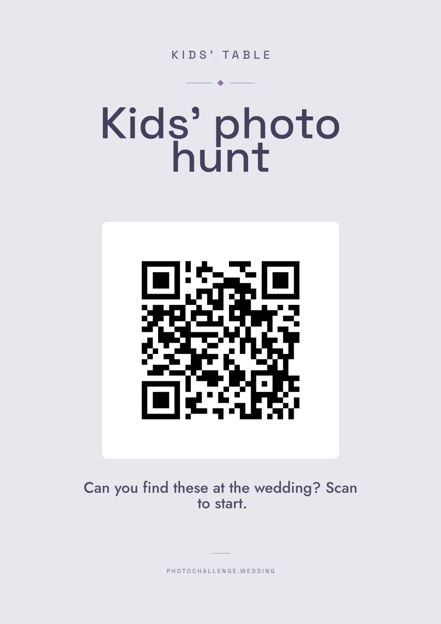 A lavender sign for the kids' table titled Kids' photo hunt, asking: can you find these at the wedding?