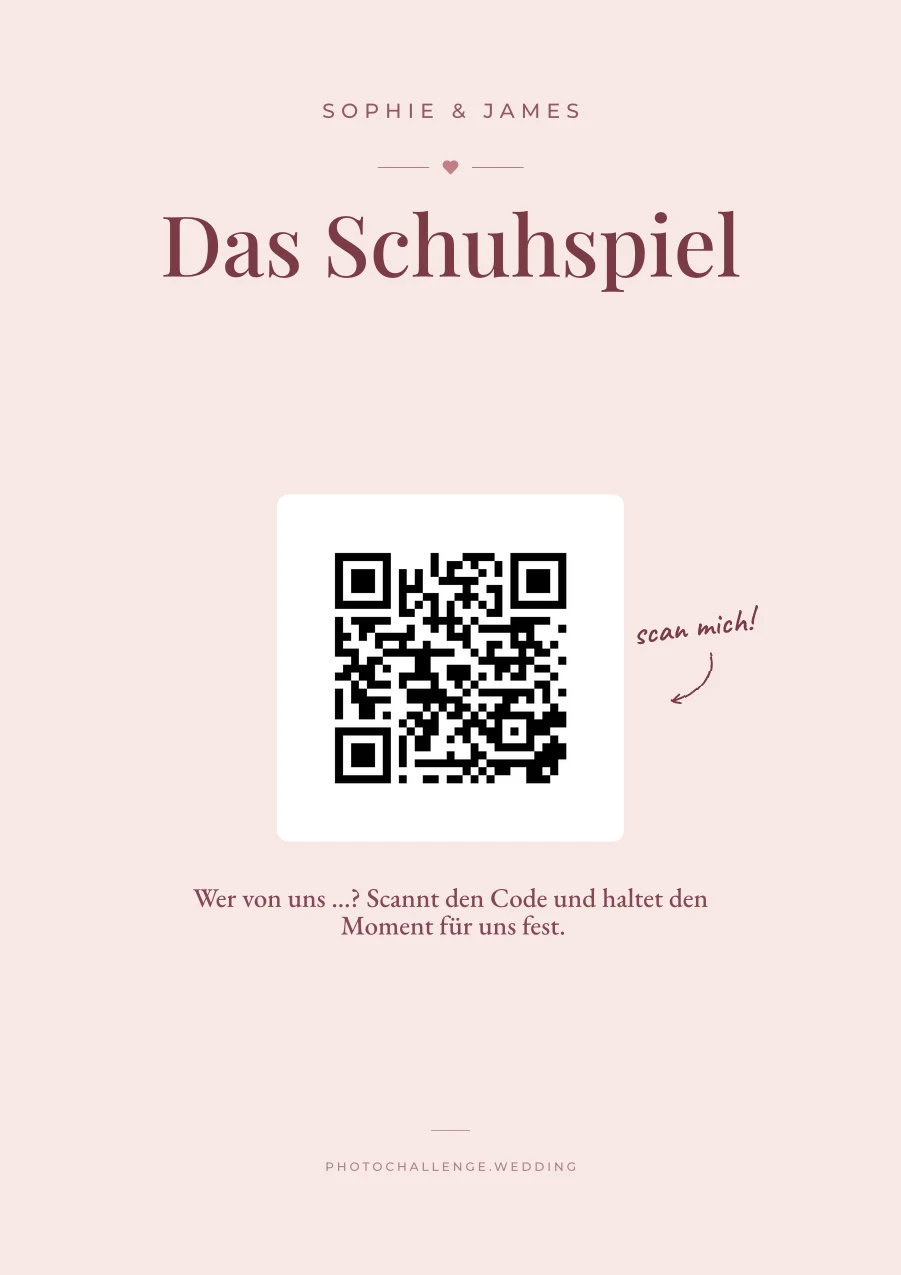 Ein Schild für eine Hochzeit in Altrosa mit dem Text: Das Schuhspiel, wer von uns…