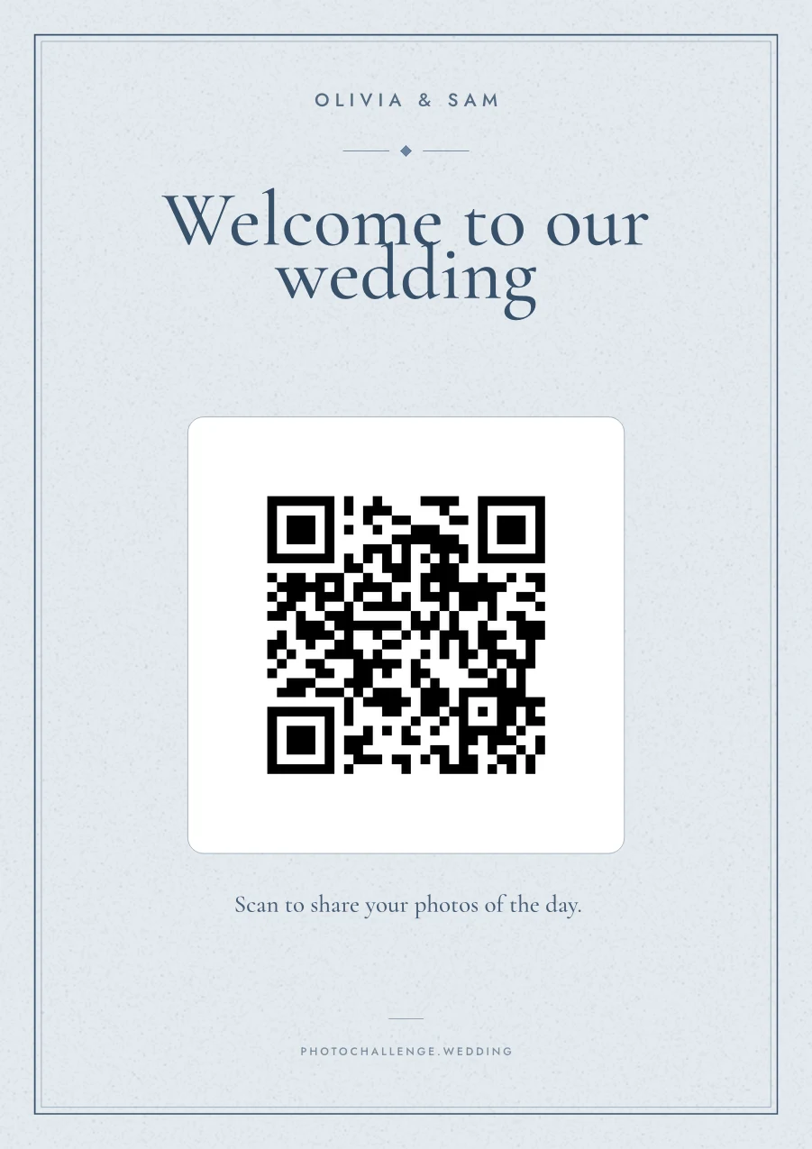 A wedding welcome sign in a dusty blue palette with an elegant serif title, the couple's names and a QR code