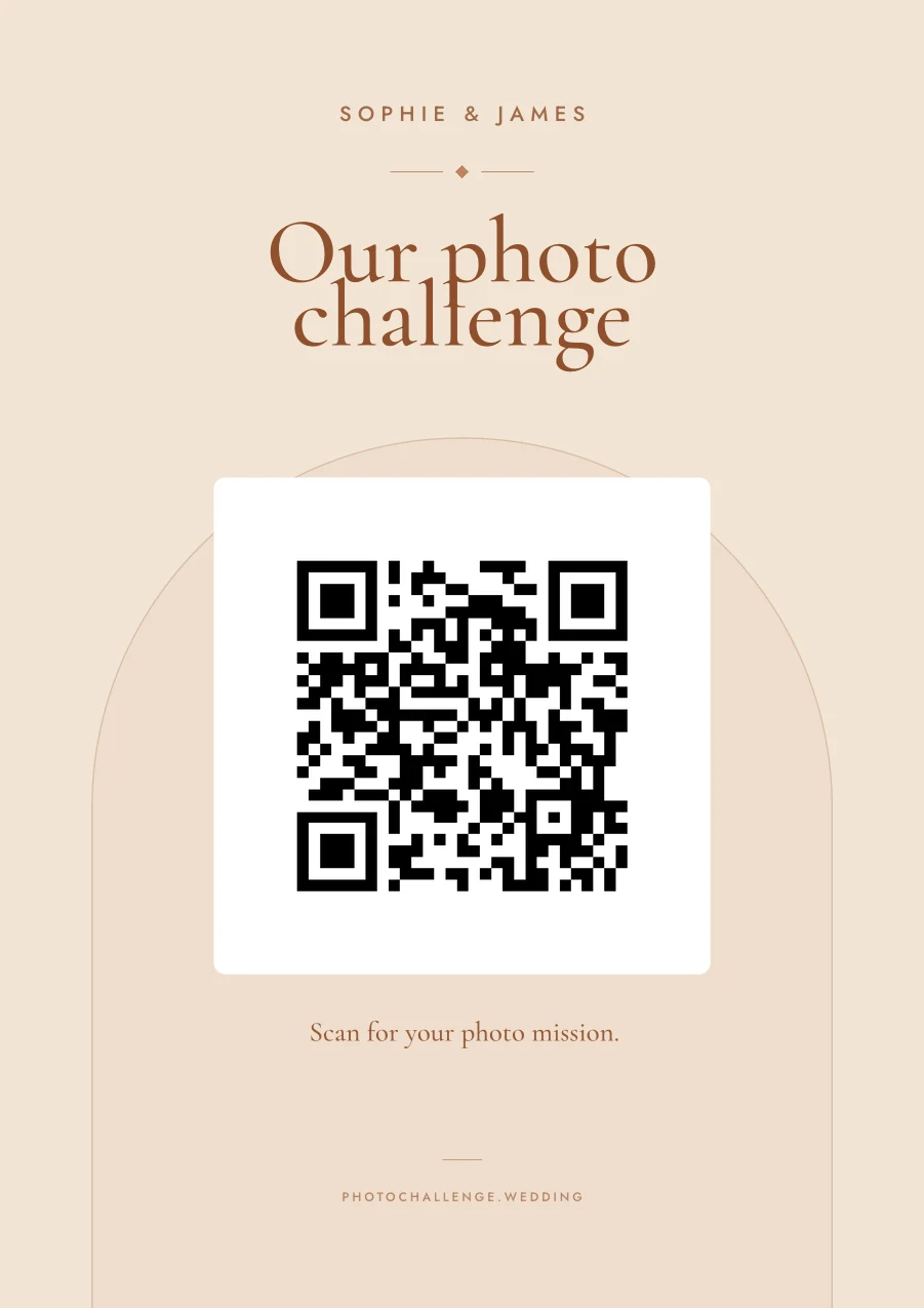 A printed wedding photo challenge poster titled Our photo challenge, with the couple's names, a QR code and the line: scan for your photo mission