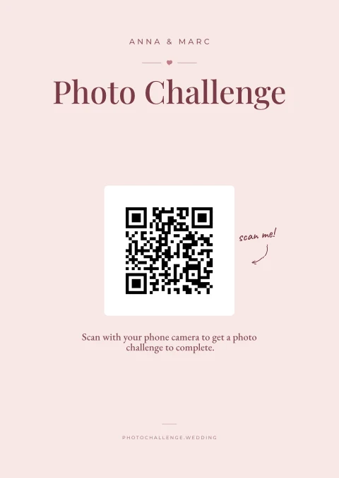 Romantic blush wedding QR poster with handwritten scan-me note.