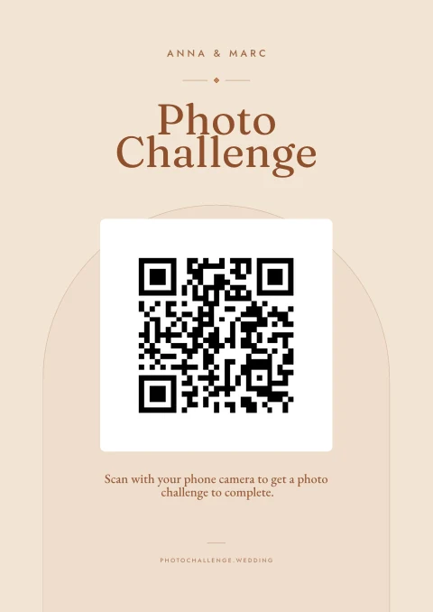 Vintage wedding QR poster with arch backdrop in terracotta.